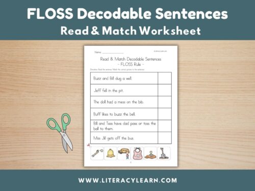 Graphic titled, "FLOSS Decodable Sentences Read & Match Worksheet."