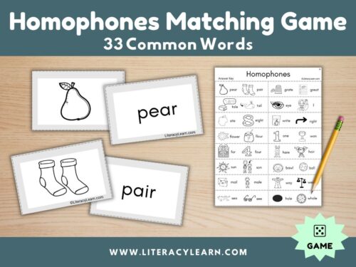 Graphic titled, "Homophones Matching Game: 33 Common Words."