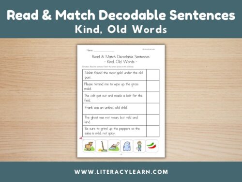 Graphic titled, "Read & Match Decodable Sentences: Kind, Old Words."