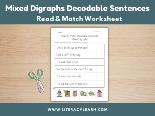 Graphic titled, "Mixed Digraphs Decodable Sentences Read & Match Worksheet."