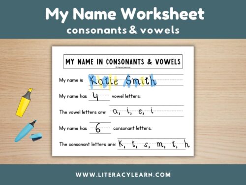 Cover showing my name worksheet with vowels and consonants.