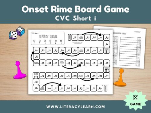 Graphic titled, "Onset Rime Board Game: CVC Short i."