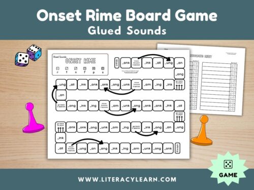 Graphic titled, "Onset Rime Board Game: Glued Sounds."
