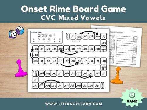 Graphic titled, "Onset Rime Board Game: CVC Mixed Vowels."