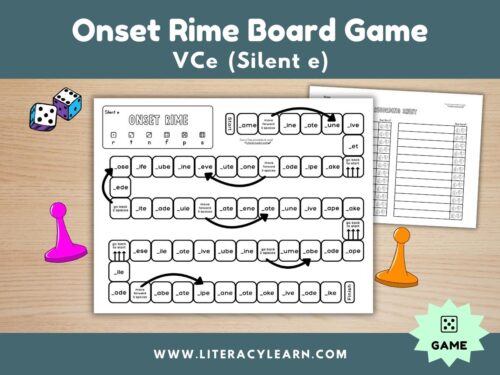 Graphic titled, "Onset Rime Board Game: VCe/Silent e."