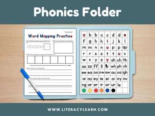 Cover for phonics folder showing resource and blue pen.