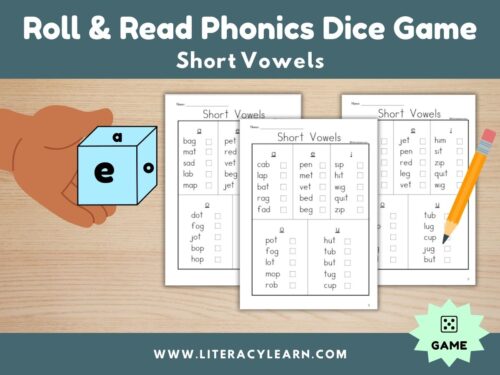 Cover graphic for short vowels phonics dice roll and read.