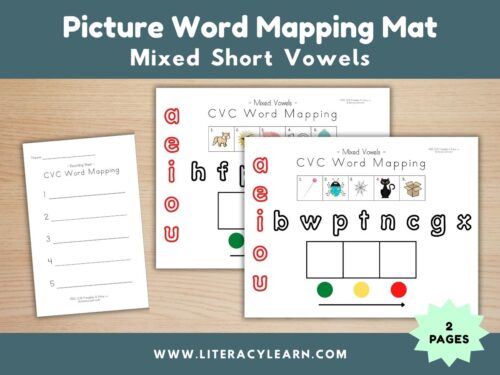 Graphic titled, "Picture Word Mapping Mat: CVC, Mixed Short Vowels."