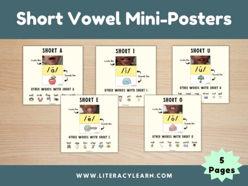 Cover showing five Mini-posters for all short vowel sounds.