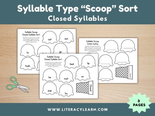 Graphic titled, 'Syllable Type Scoop Sort: Closed Syllables."