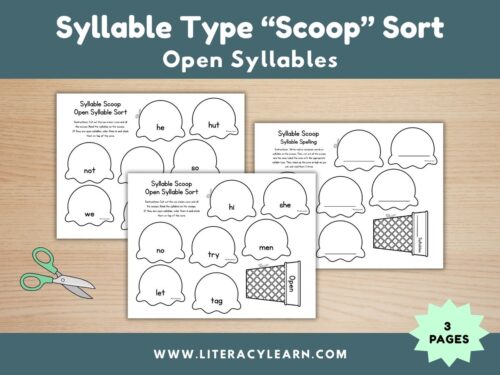 Graphic titled, 'Syllable Type Scoop Sort: Open Syllables."