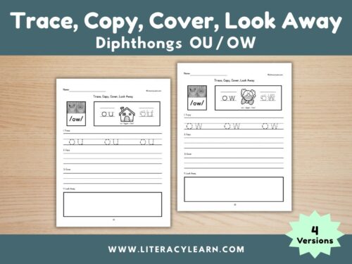 Graphic titled, "Trace, Copy, Cover, Look Away: diphthongs ou/ow."