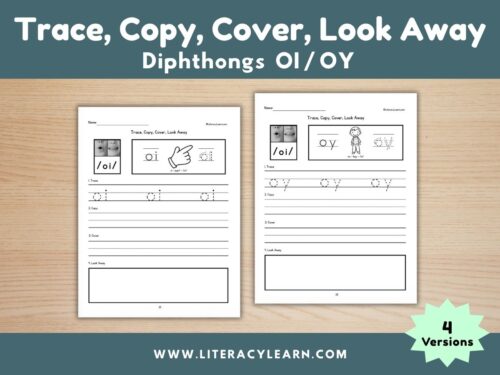 Graphic titled, "Trace, Copy, Cover, Look Away: diphthongs oi/oy."
