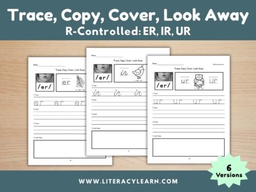 Graphic titled, "Trace, Copy, Cover, Look Away: R-Controlled Er, Ir, Ur."