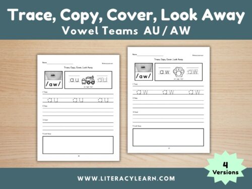Graphic titled, "Trace, Copy, Cover, Look Away: Vowel Teams au/aw."