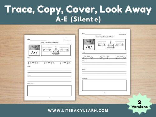 Graphic titled, "Trace, Copy, Cover, Look Away: a-e silent e."