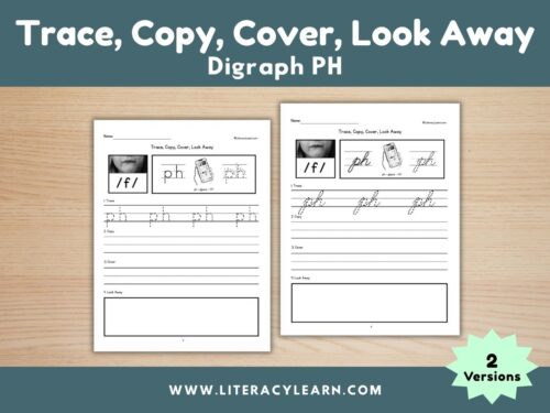 Graphic titled, "Trace, Copy, Cover, Look Away: Digraph ph."