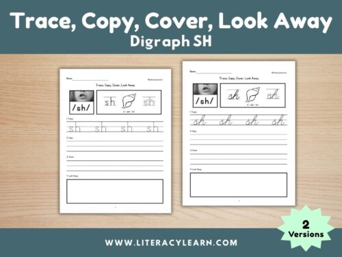 Graphic titled, "Trace, Copy, Cover, Look Away: digraph sh."