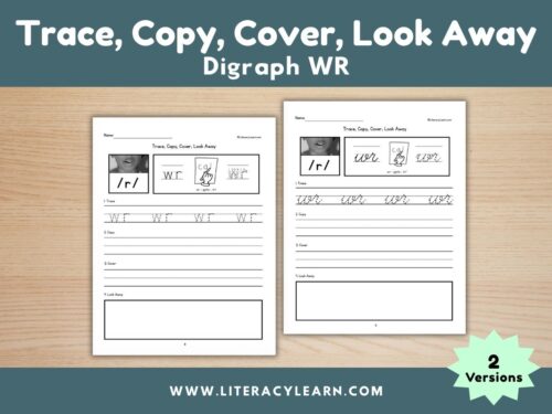 Graphic titled, "Trace, Copy, Cover, Look Away: Digraph wr."