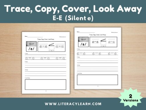 Graphic titled, "Trace, Copy, Cover, Look Away: e-e (silent e)."