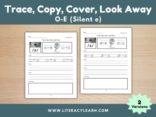 Graphic titled, "Trace, Copy, Cover, Look Away: o-e (silent e)."