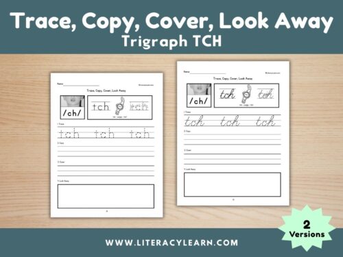 Graphic titled, "Trace, Copy, Cover, Look Away: Trigraph tch."