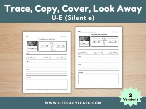 Graphic titled, "Trace, Copy, Cover, Look Away: u-e (silent e)."