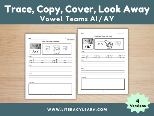 Graphic titled, "Trace, Copy, Cover, Look Away: Vowel Teams ai/ay."