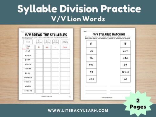 Cover showing the two syllable division worksheets for lion words.