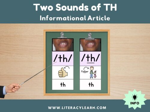 Graphic showing the two sounds of th on a blackboard with pointer.