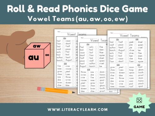 Cover graphic for vowel teams phonics dice roll and read.