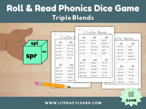Cover graphic for triple blends phonics dice roll and read.