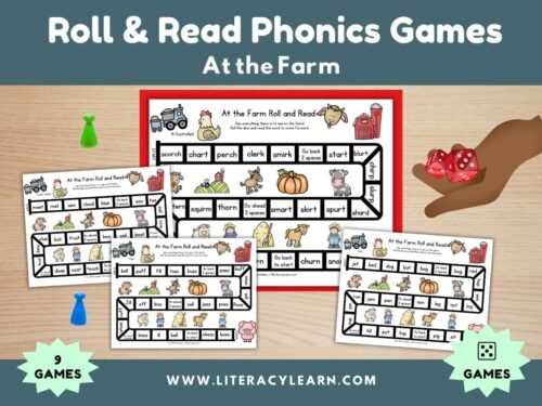 Graphic showing the roll and read phonics games for at the farm theme.