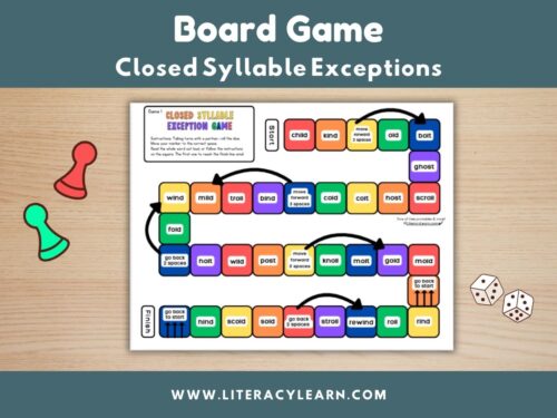 Cover showing closed syllable exception board game.