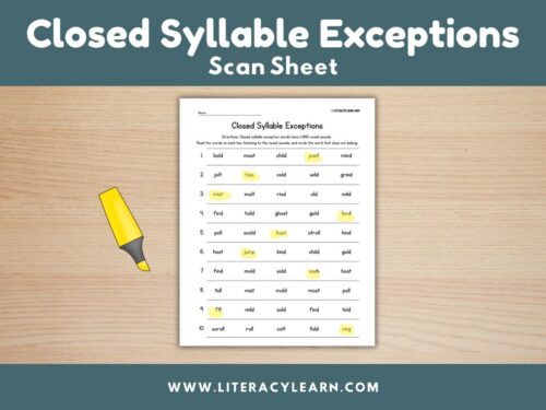 Cover photo showing scan sheet for closed syllable exceptions.