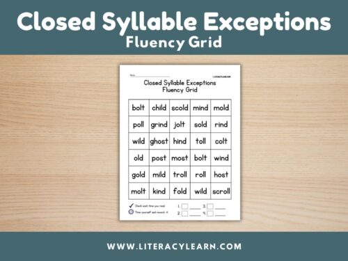 Cover photo showing fluency grid for closed syllable exceptions.