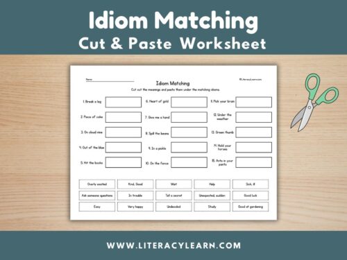Graphic titled, "Idiom Matching: Cut and Paste Worksheet."