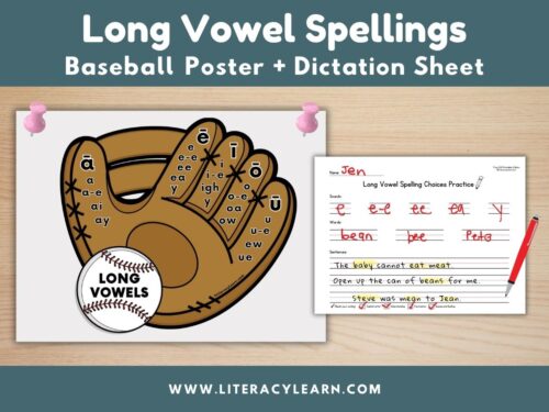 Graphic titled, "Long Vowel Spelling Baseball Poster and dictation sheet."
