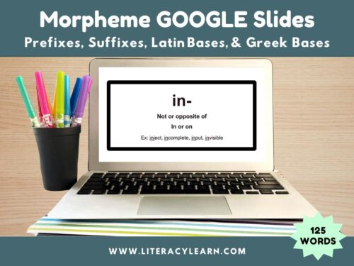 Graphic titled, "Morpheme Google Slides: Prefixes, Suffixes, Latin and Greek Bases."