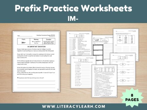 Graphic titled, "Prefix Practice Worksheets: IM-."