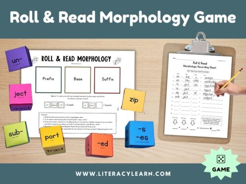 Cover showing read and roll morphology game.