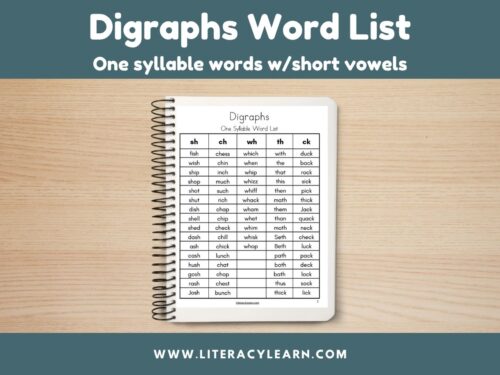 Cover titled "Digraphs Word List" with notebook and picture of word list.