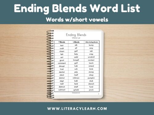 Cover titled "Ending Blends Word List" with notebook and picture of word list.