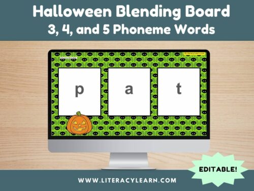 Graphic titled, "Halloween Blending Board for 3 and 4 phoneme words."