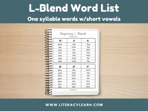 Cover titled "L-Blend Word List" with notebook and picture of word list.