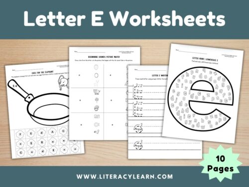 Cover showing four letter E worksheets.
