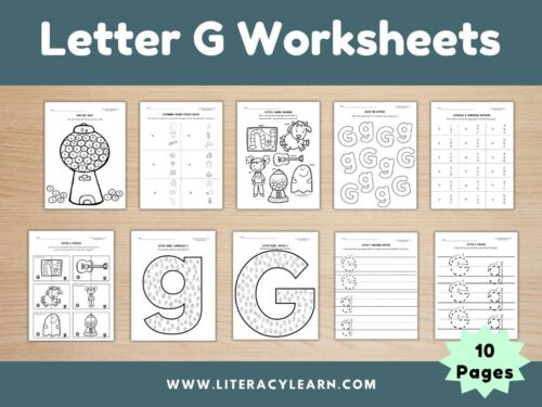 Graphic titled, Letter G Worksheets with all ten worksheets showing.