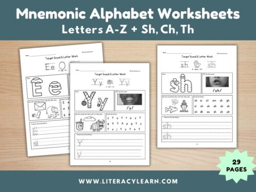 Graphic titled, "Mnemonic Alphabet Worksheets Letter A-Z + digraphs."