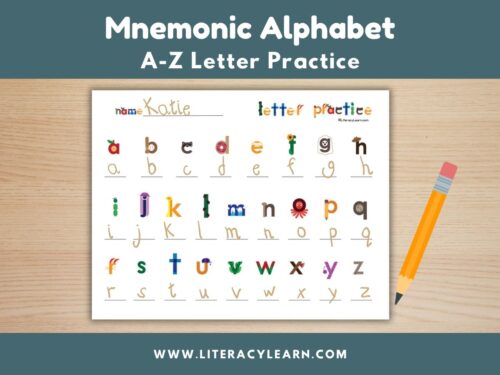 Graphic showing mnemonic alphabet A-Z letter practice worksheet.