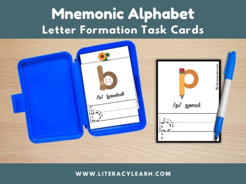 Graphic showing mnemonic alphabet letter formation task cards.